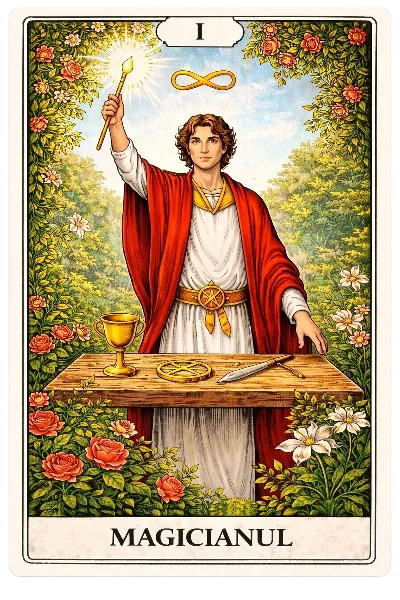 carte tarot Magicianul – arcană majoră, design clar și simboluri