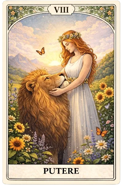 carte tarot Putere – arcană majoră, design clar și simboluri